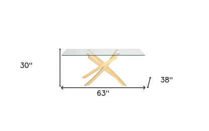 63" Clear And Gold Rectangular Glass And Stainless Steel Dining Table