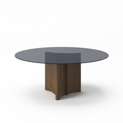 71" Smoky Black And Brown Rounded Glass And Solid Manufactured Wood Pedestal Base Dining Table