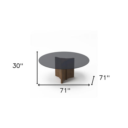 71" Smoky Black And Brown Rounded Glass And Solid Manufactured Wood Pedestal Base Dining Table