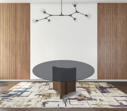 71" Smoky Black And Brown Rounded Glass And Solid Manufactured Wood Pedestal Base Dining Table