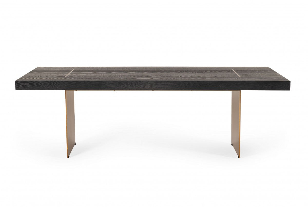 95" Dark Brown And Brass Metal Sled Base Dining Table