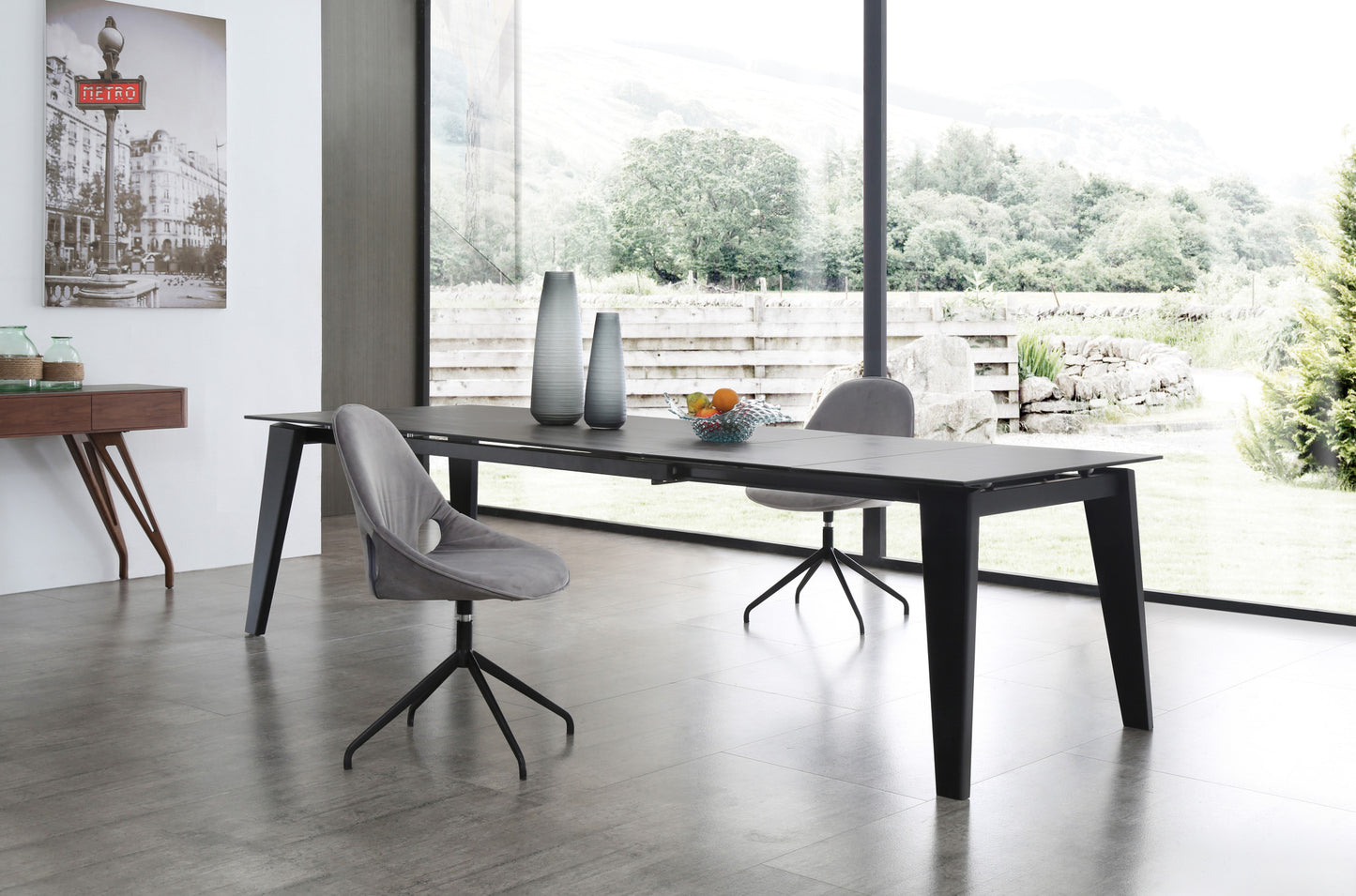 71" Gray And Black Ceramic And Solid Wood Drop Leaf Dining Table