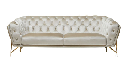 88" Beige Velvet Chesterfield Sofa With Gold Legs