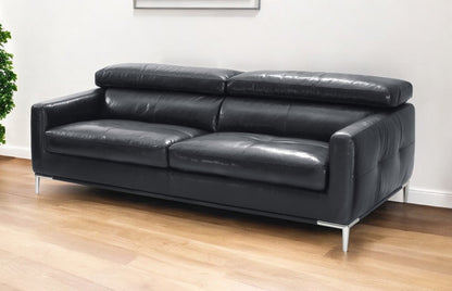 79" Black Genuine Leather Sofa With Silver Legs