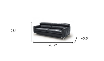 79" Black Genuine Leather Sofa With Silver Legs