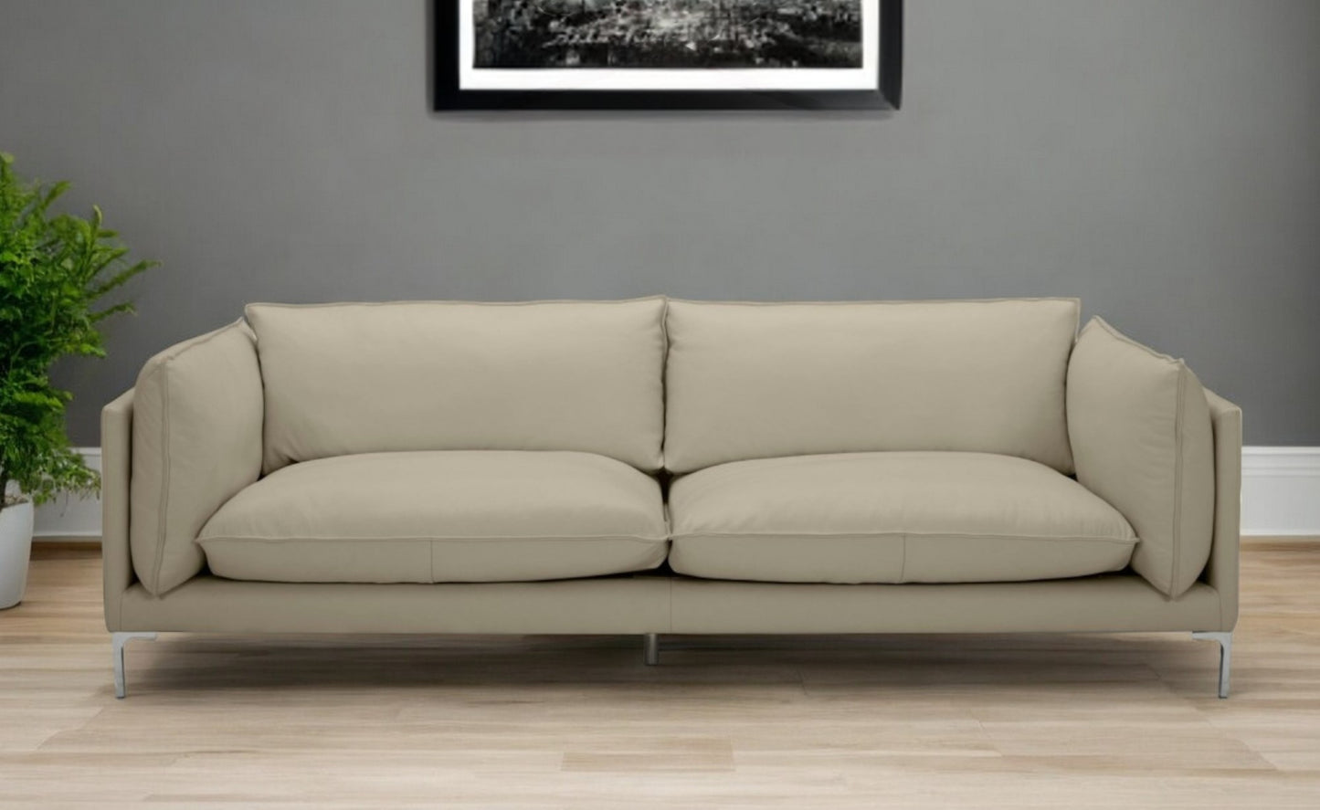 96" Taupe Top Grain Leather Sofa With Silver Legs