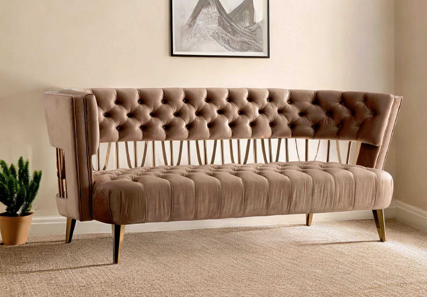 84" Beige Velvet Sofa With Gold Legs