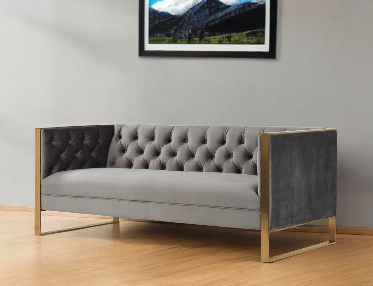 75" Gray Velvet Sofa With Gold Legs