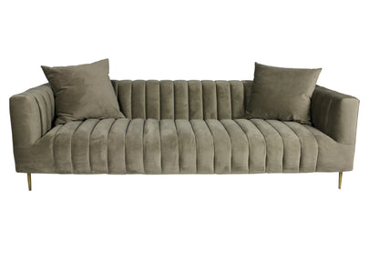 90" Gray Brown Velvet Sofa And Toss Pillows With Gold Legs