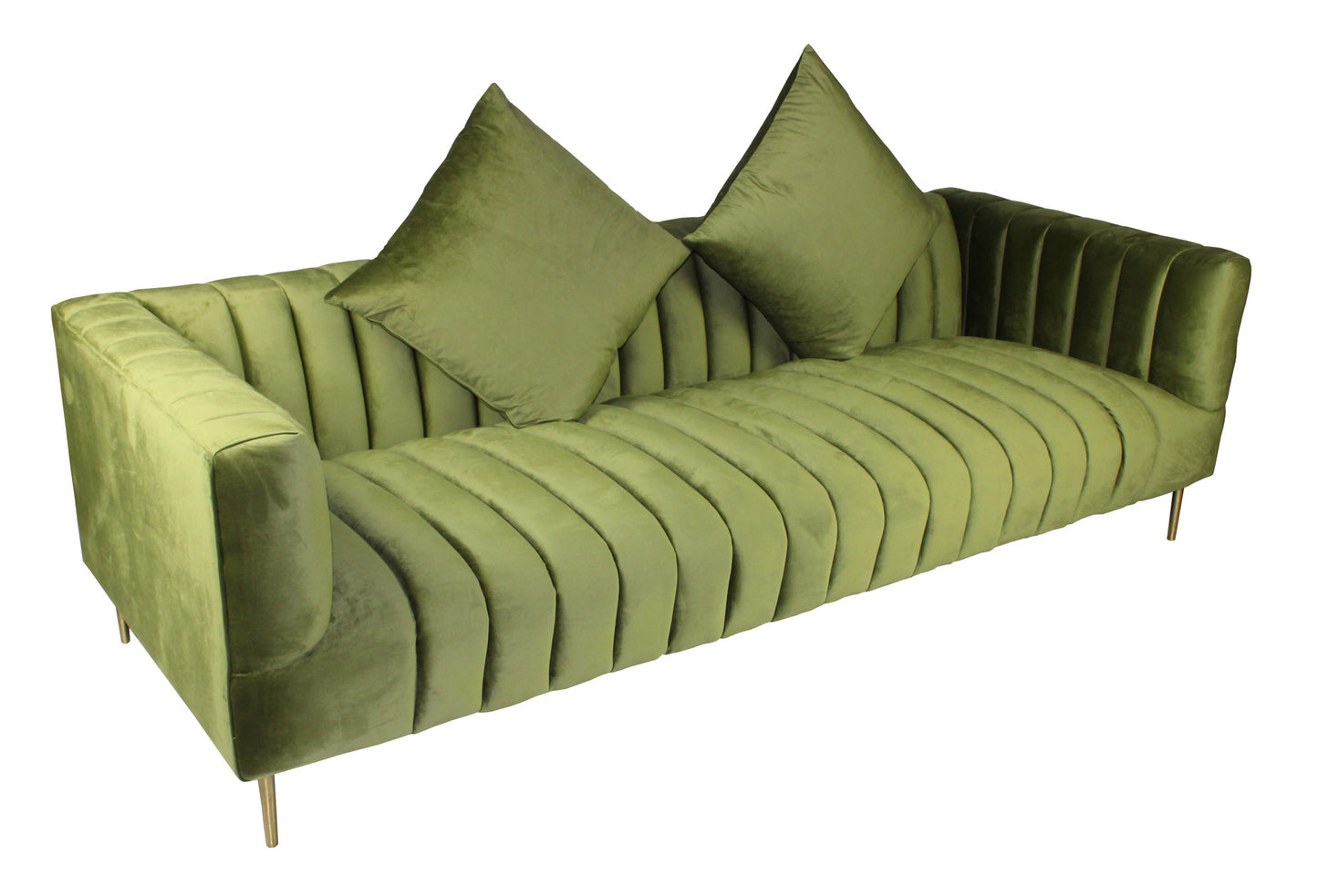 90" Olive Green Velvet Sofa And Toss Pillows With Gold Legs