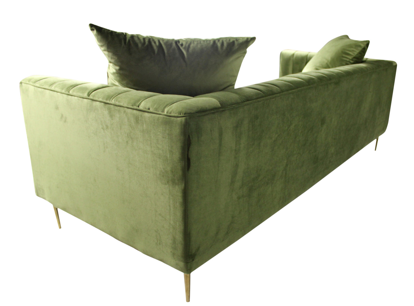 90" Olive Green Velvet Sofa And Toss Pillows With Gold Legs