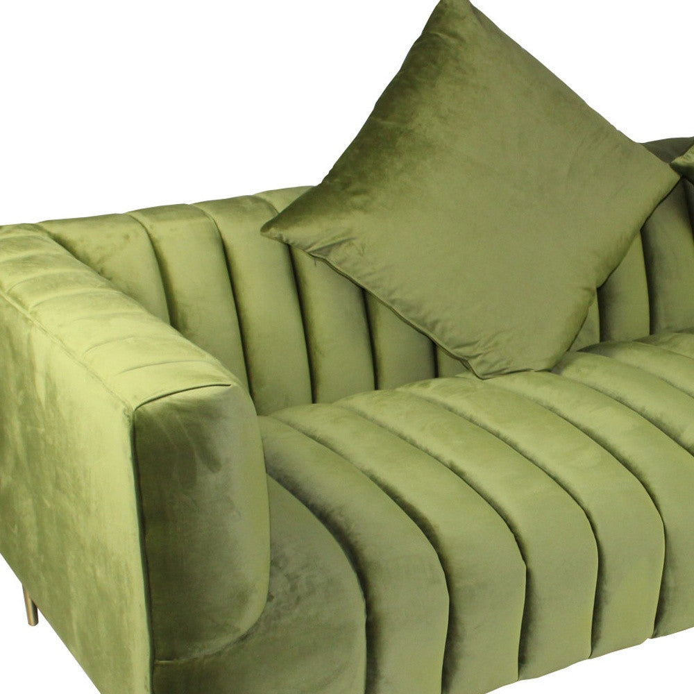 90" Olive Green Velvet Sofa And Toss Pillows With Gold Legs