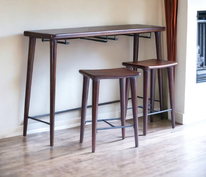 Set of Three Brown Solid Wood Counter Height Bar Table and Chairs