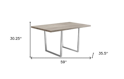 59" Taupe And Silver Solid Wood And Metal Sled Base Dining Table