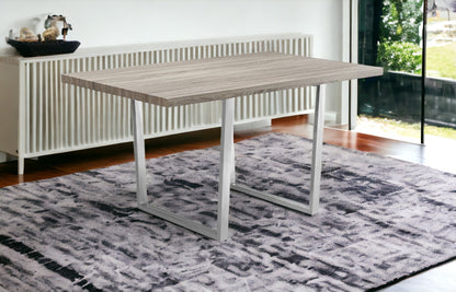 59" Taupe And Silver Solid Wood And Metal Sled Base Dining Table