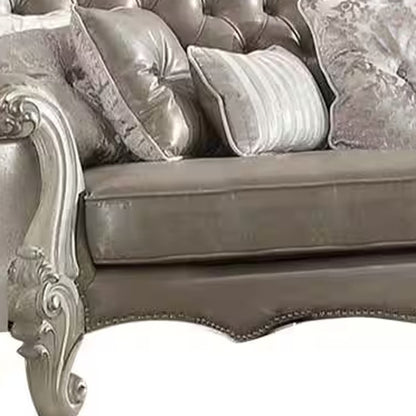 90" Gray Faux Leather Curved Sofa And Toss Pillows With Bone Legs