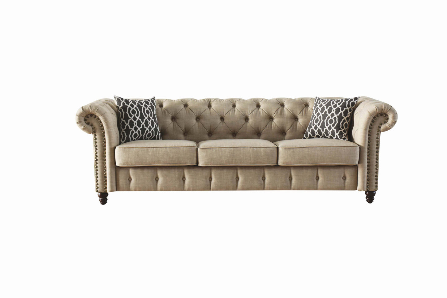 90" Beige Linen Chesterfield Sofa And Toss Pillows With Black Legs