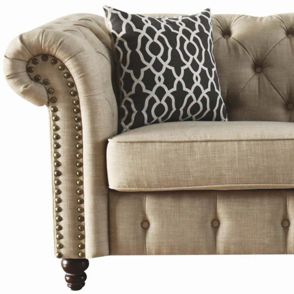 90" Beige Linen Chesterfield Sofa And Toss Pillows With Black Legs