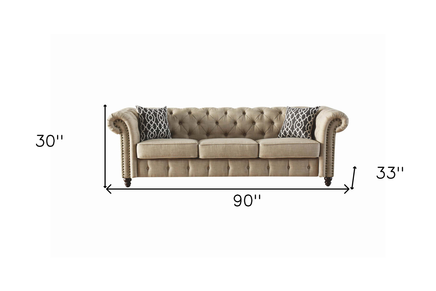 90" Beige Linen Chesterfield Sofa And Toss Pillows With Black Legs