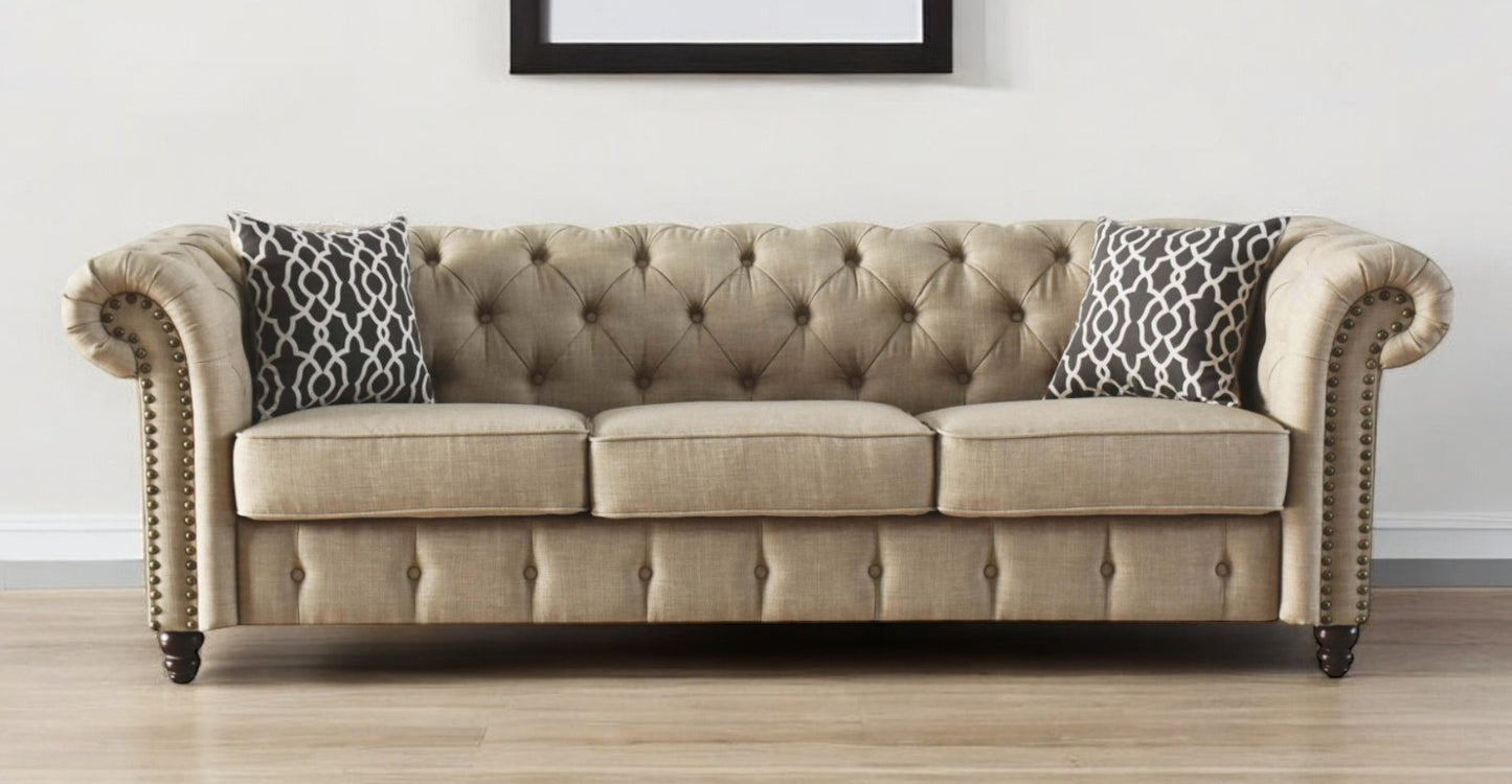 90" Beige Linen Chesterfield Sofa And Toss Pillows With Black Legs