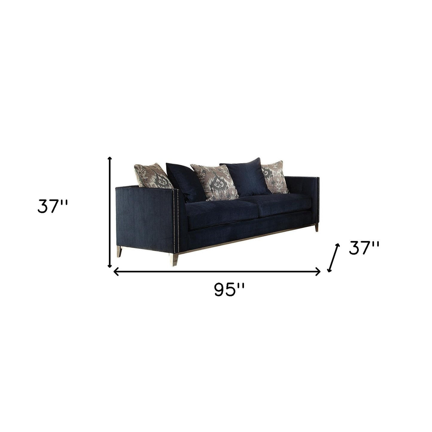 95" Blue Velvet Sofa And Toss Pillows With Silver Legs