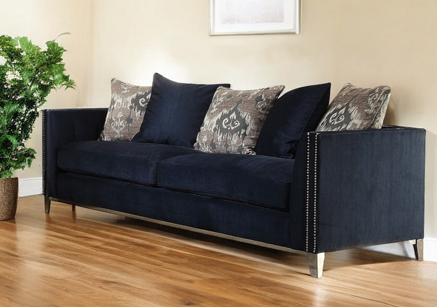 95" Blue Velvet Sofa And Toss Pillows With Silver Legs