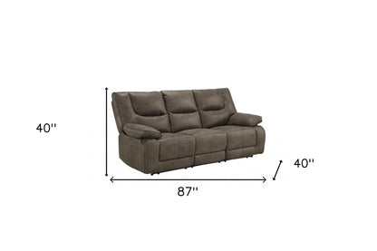 87" Gray Faux Leather Reclining USB Settee With Black Legs