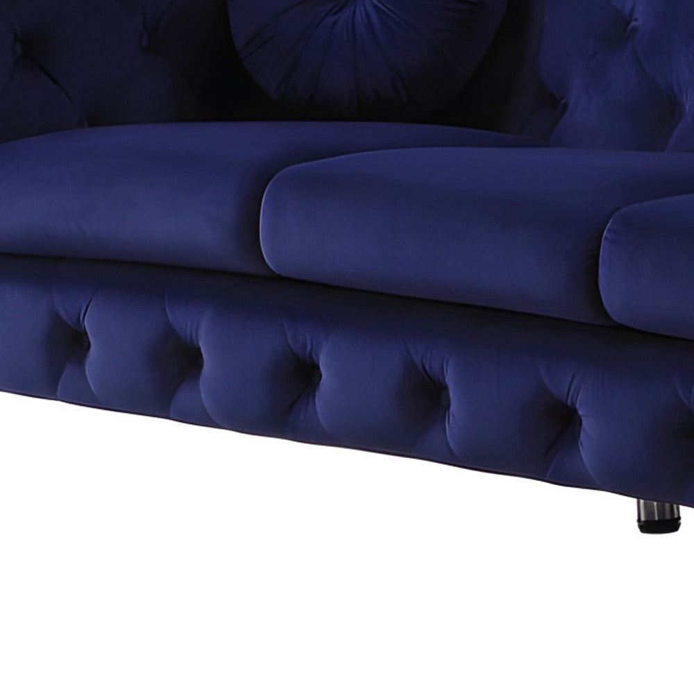 90" Blue Velvet Chesterfield Sofa With Silver Legs