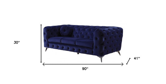 90" Blue Velvet Chesterfield Sofa With Silver Legs