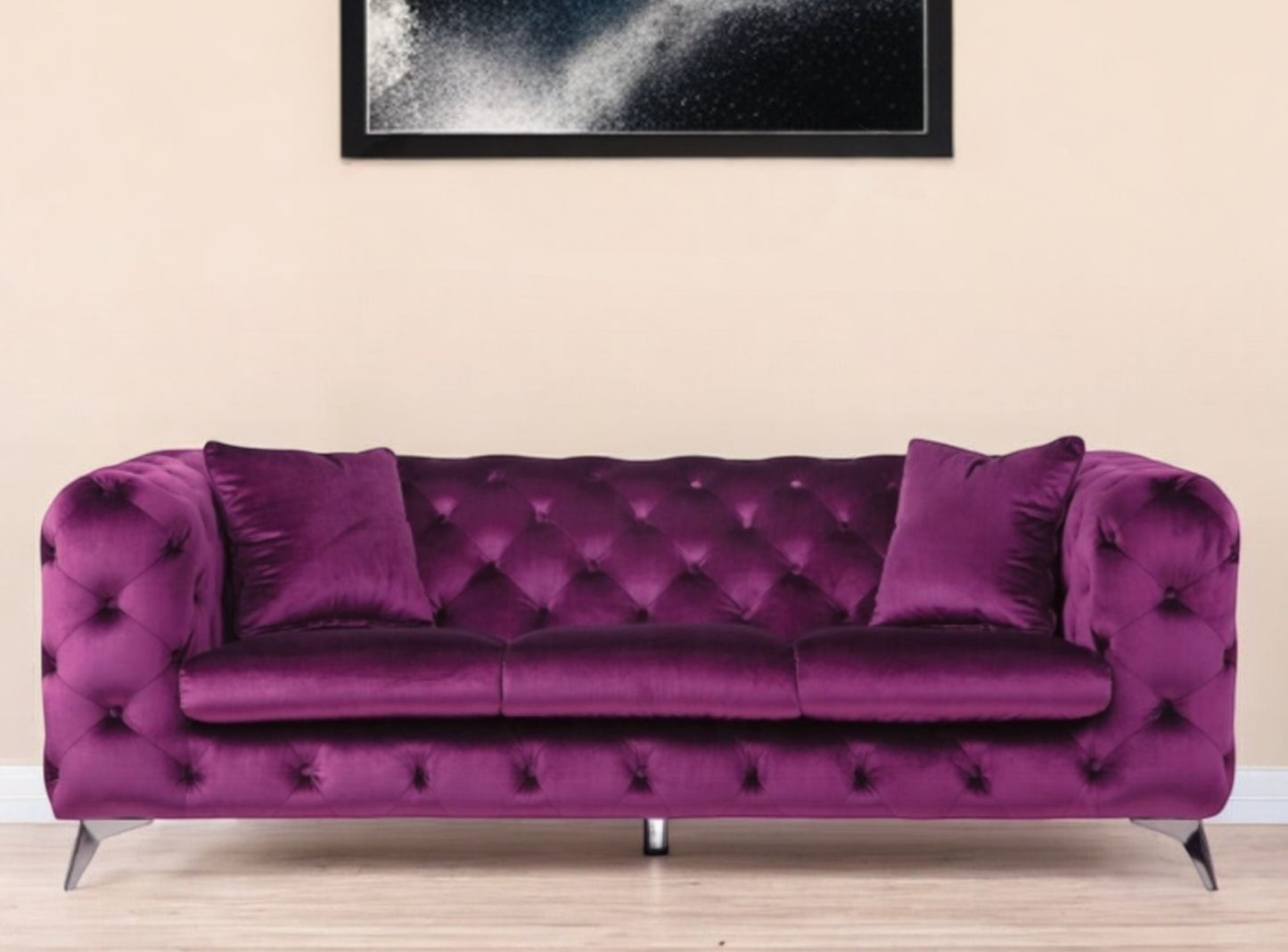 90" Purple Velvet Chesterfield Sofa With Silver Legs