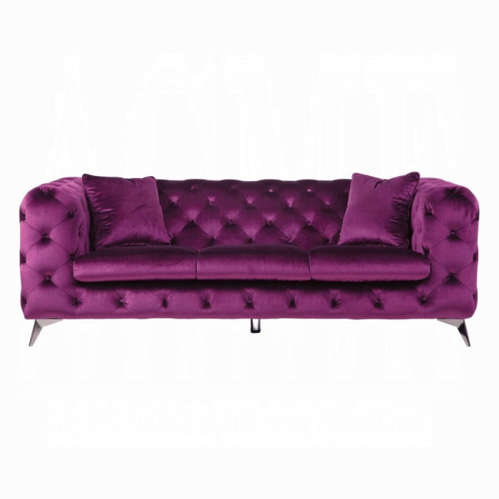 90" Purple Velvet Chesterfield Sofa With Silver Legs