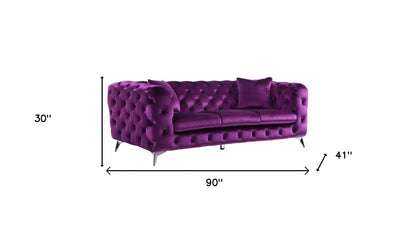 90" Purple Velvet Chesterfield Sofa With Silver Legs