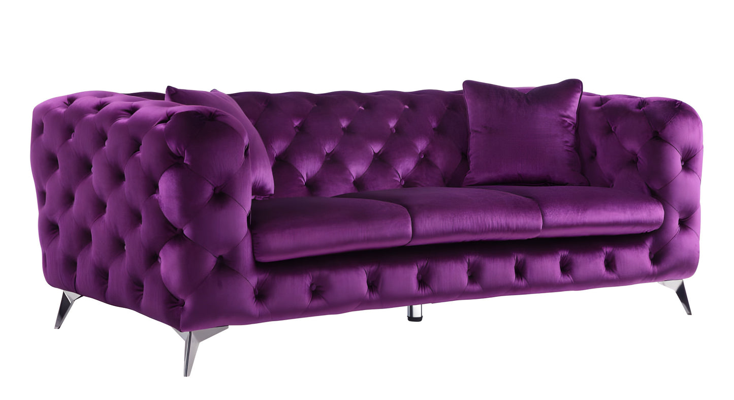 90" Purple Velvet Chesterfield Sofa With Silver Legs