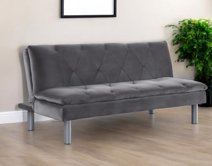 66" Gray Velvet Convertible Futon Sleeper Sofa With Silver Legs