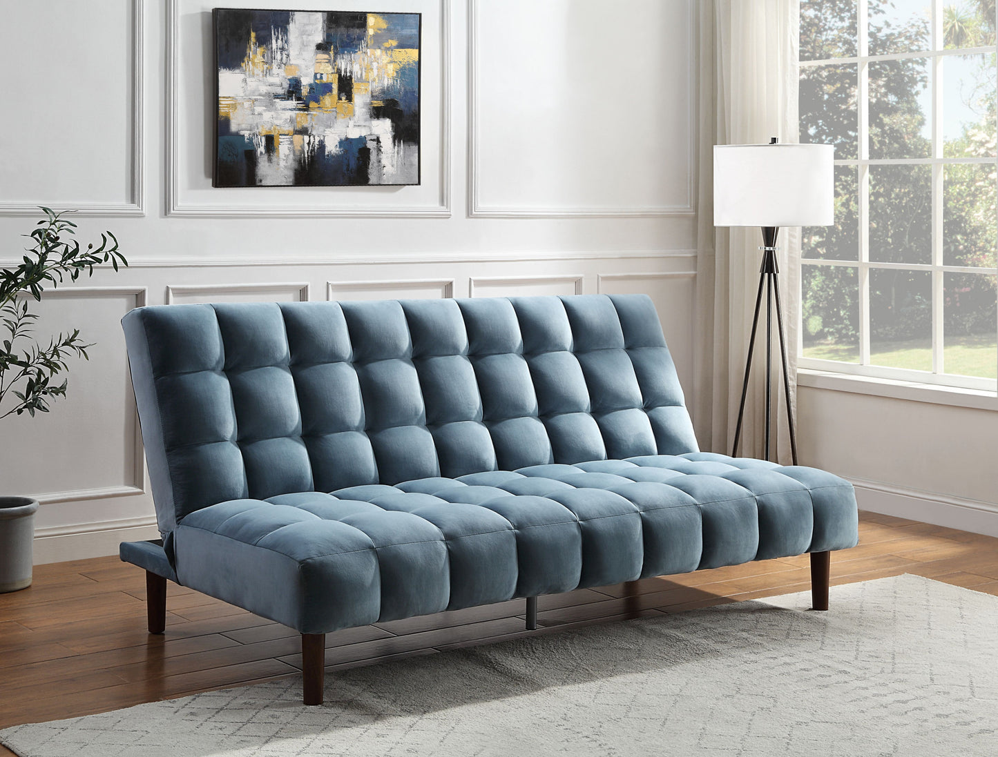 76" Teal Blue Velvet Convertible Futon Sleeper Sofa With Wood Brown Legs