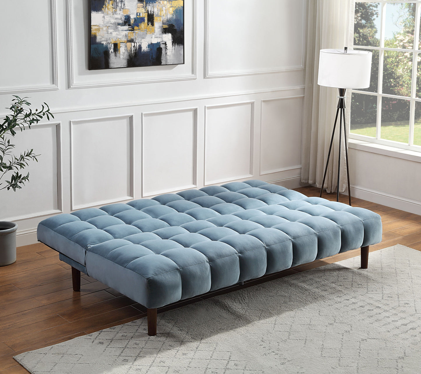 76" Teal Blue Velvet Convertible Futon Sleeper Sofa With Wood Brown Legs