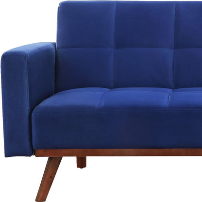 76" Blue Velvet Convertible Futon Sleeper Sofa With Brown Legs