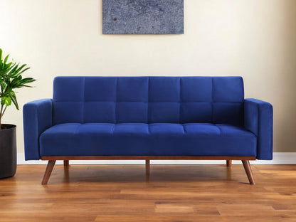 76" Blue Velvet Convertible Futon Sleeper Sofa With Brown Legs