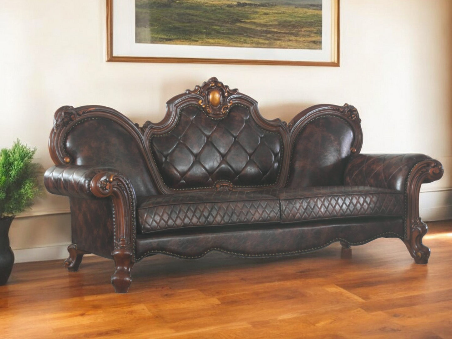 93" Dark Brown Faux Leather Sofa And Toss Pillows