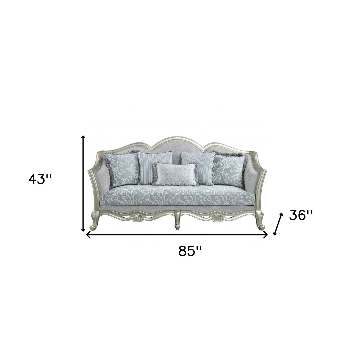 85" Light Gray Linen Damask Sofa And Toss Pillows With Champagne Legs