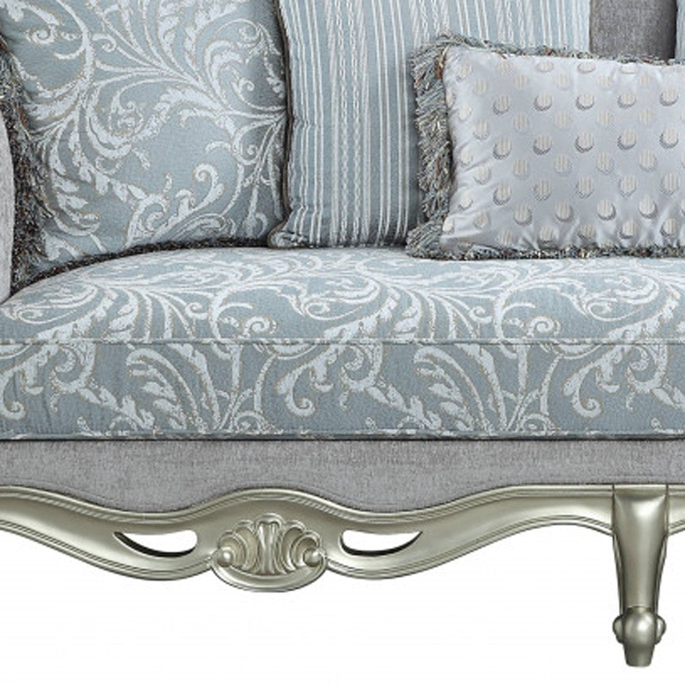 85" Light Gray Linen Damask Sofa And Toss Pillows With Champagne Legs