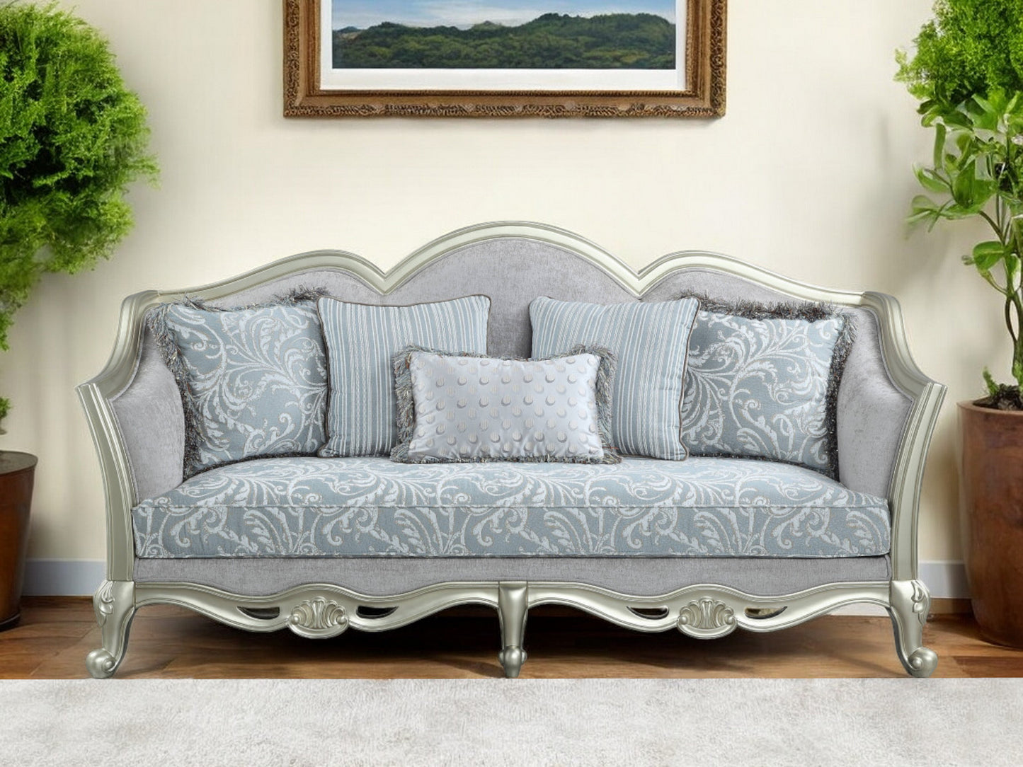 85" Light Gray Linen Damask Sofa And Toss Pillows With Champagne Legs