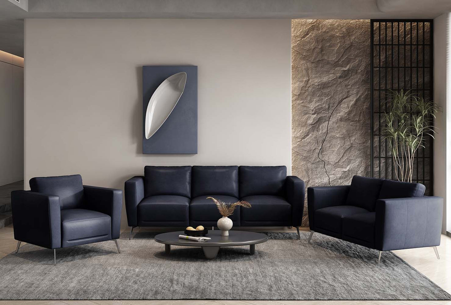 85" Blue Leather Sofa With Black Legs