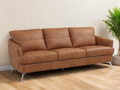 81" Camel Leather Sofa With Black Legs