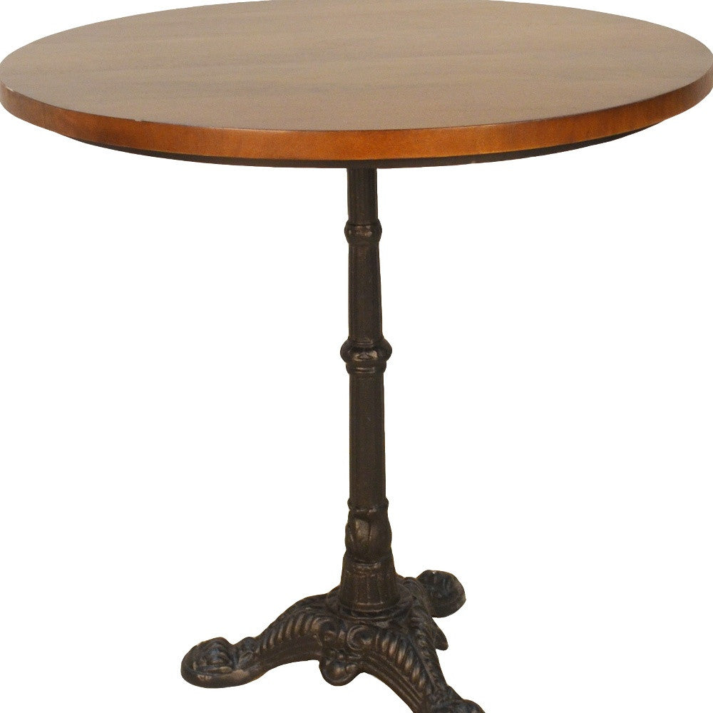 30" Chestnut And Black Rounded Solid Wood And Iron Pedestal Base Dining Table