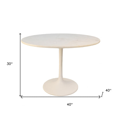 40" White Rounded Marble And Iron Pedestal Base Dining Table