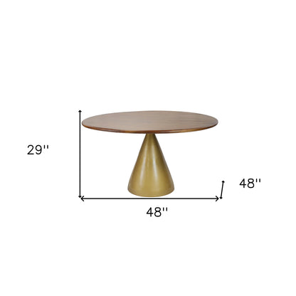 48" Brown And Gold Rounded Solid Wood And Iron Pedestal Base Dining Table