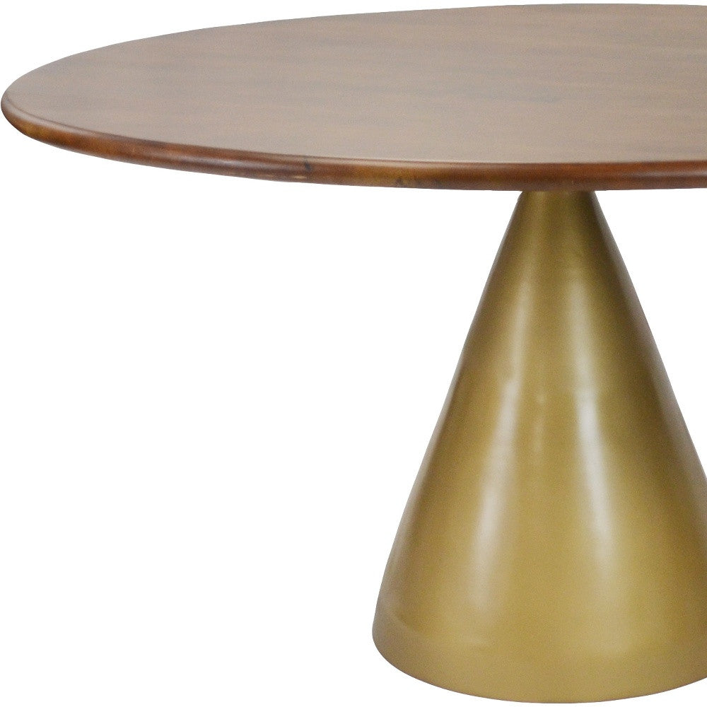 48" Brown And Gold Rounded Solid Wood And Iron Pedestal Base Dining Table