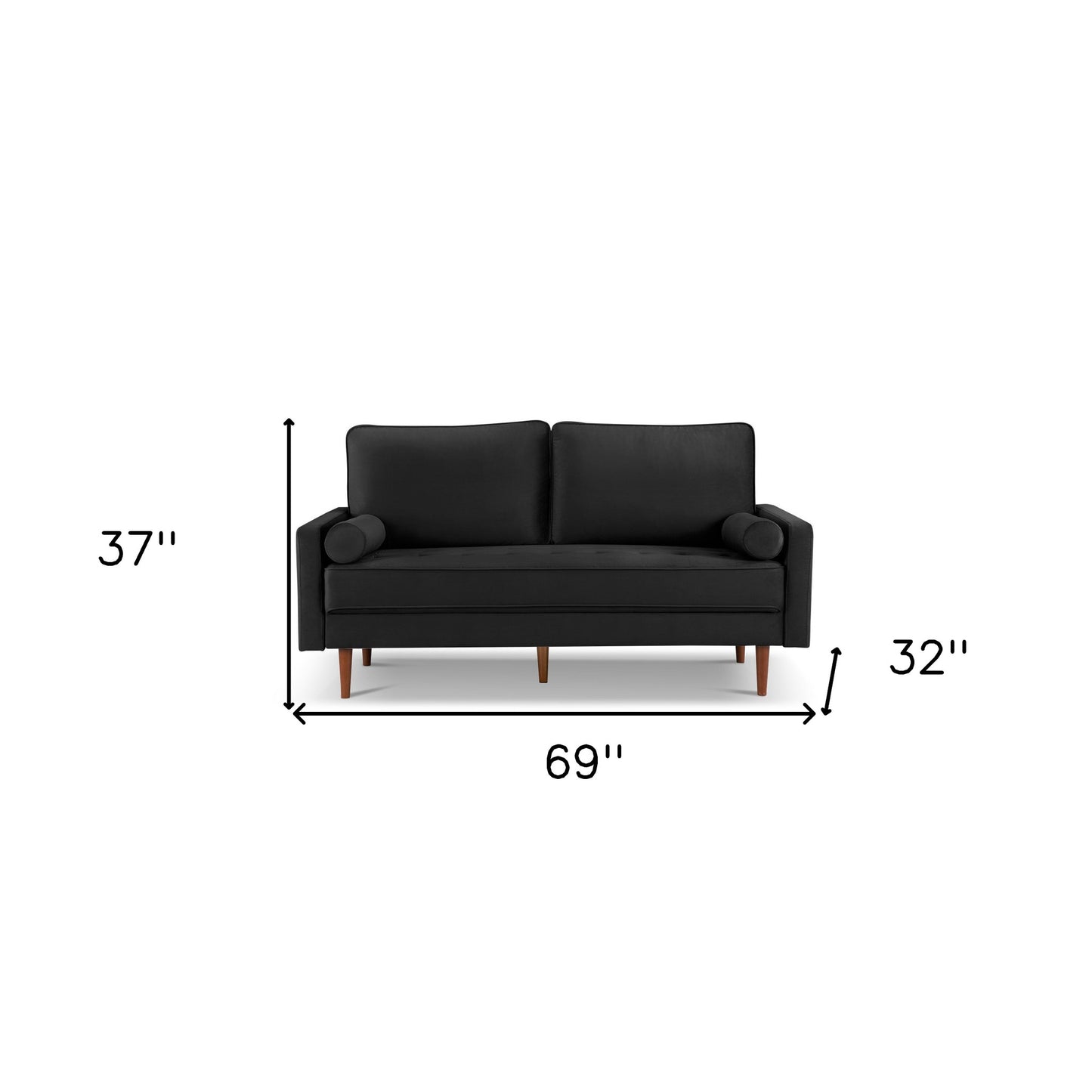 69" Black Velvet Sofa And Toss Pillows With Dark Brown Legs