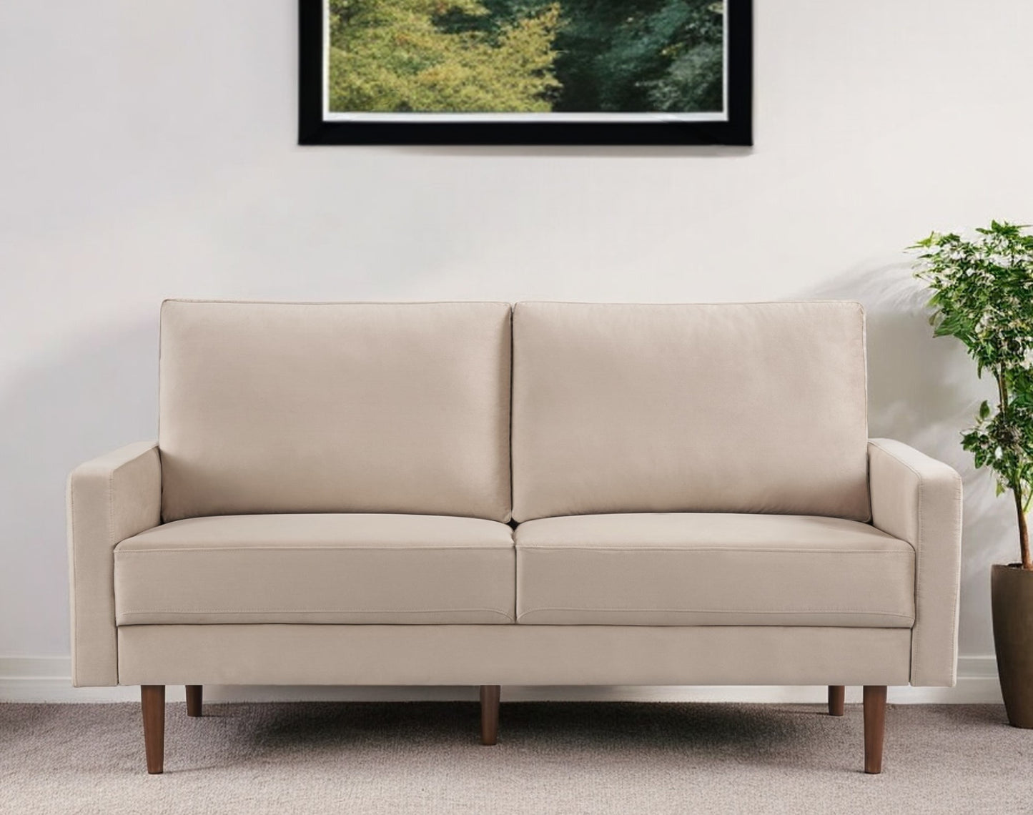 69" Beige Velvet Sofa With Dark Brown Legs